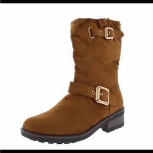 Moto boots, manmade suede look with gold buckles.Stack heel approx with lug sole
